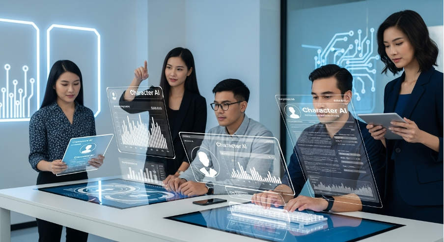 Team of professionals interacting with transparent digital dashboards labeled Character AI, analyzing user data and AI profiles in a tech workspace.