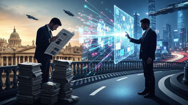 A man reading a newspaper next to stacks of paper (Traditional Media) contrasting with a man interacting with a holographic, digital interface in a modern city (Digital Media).
