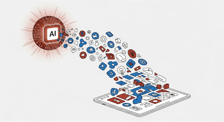 AI chip emitting diverse app icons and tools onto a digital tablet, representing AI integration across mobile and digital applications.