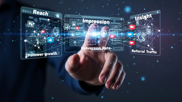 A person interacts with digital analytics panels displaying reach, impressions, insights, and engagement metrics in a futuristic data-driven interface.