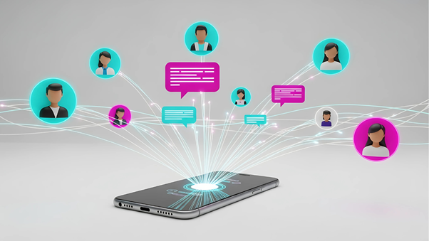 Abstract illustration of data streams from multiple sources (desktop, email, mobile) flowing through a magnifying glass, emphasizing the collection and analysis of customer data.