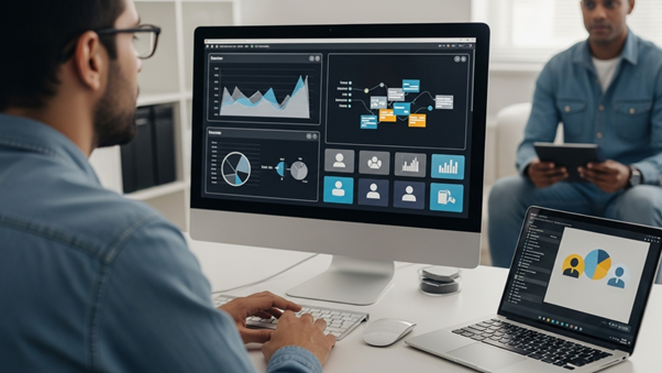 A user working on a desktop displaying dashboards with data analytics, user flow diagrams, and a laptop showing persona analysis, representing data-driven UX principles.
