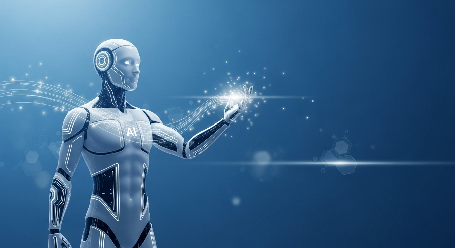 Sleek humanoid robot labeled AI reaches out toward glowing digital particles on a blue background.