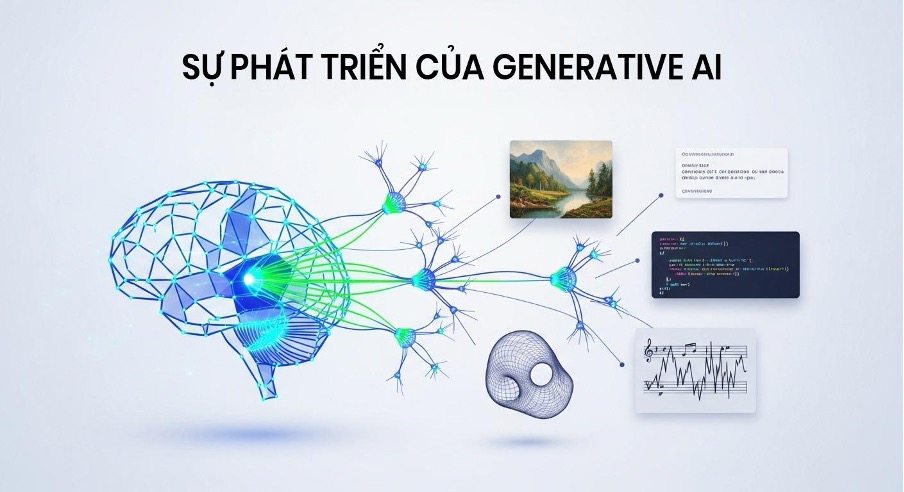 Digital brain connected to outputs like artwork, code, music, and 3D models, symbolizing the evolution of generative AI.