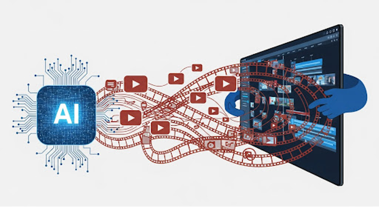 AI processor connected to film reels, video icons, and editing interface, symbolizing automated video generation and editing.