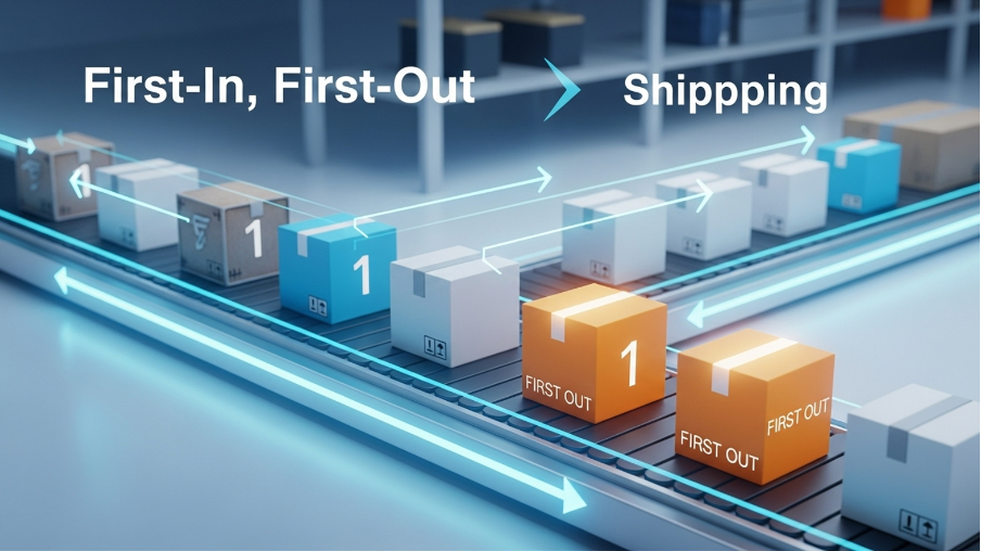 Conveyor belt of boxes labeled ‘First In, First Out’ showing product flow toward shipping in a warehouse, representing FIFO inventory method.