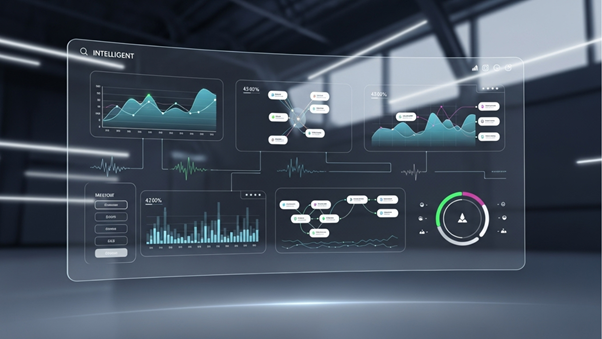 A transparent holographic dashboard displaying various graphical user interfaces (GUIs), including charts, flow diagrams, and data control panels.