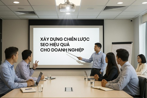 Buổi họp xây dựng chiến lược SEO hiệu quả cho doanh nghiệp trong phòng họp