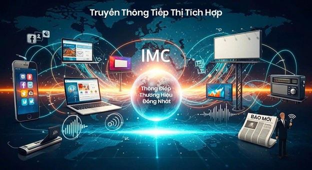 Mô hình truyền thông tiếp thị tích hợp IMC với thông điệp thương hiệu thống nhất trên nhiều kênh truyền thông.