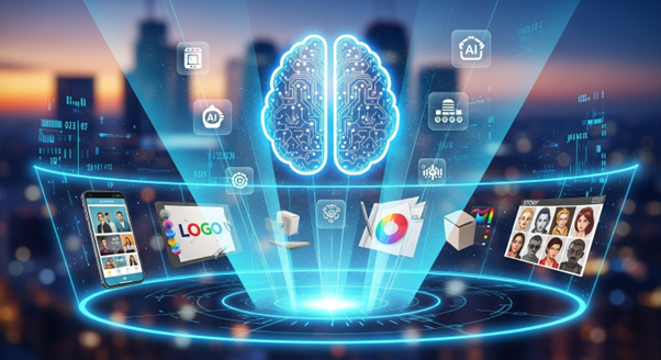 A glowing digital brain icon symbolizing Generative AI, surrounded by floating creative assets such as logos, color palettes, storyboards, and mobile interfaces, illustrating AI's role in creative design and branding.