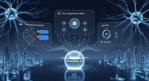 Character AI orb in a futuristic city connected to feature panels: AvatarFX, Games Beta, and Learning Links, with neural network structures in the background.
