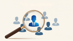 A magnifying glass highlights a blue business figure among many candidates, symbolizing recruitment, talent search, employee selection, and human resource management
