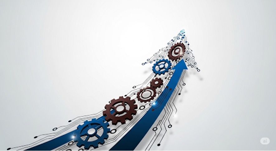 Biểu tượng mũi tên hướng lên với bánh răng kỹ thuật số tượng trưng cho sự tăng trưởng và tối ưu hóa bằng công nghệ