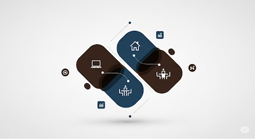 Minh họa mô hình kết hợp làm việc từ xa và làm tại văn phòng trong hệ thống quản trị linh hoạt