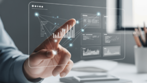 A hand interacting with a holographic screen displaying data charts and dashboards, symbolizing the focus on User Experience (UX) and User Interface (UI) design.